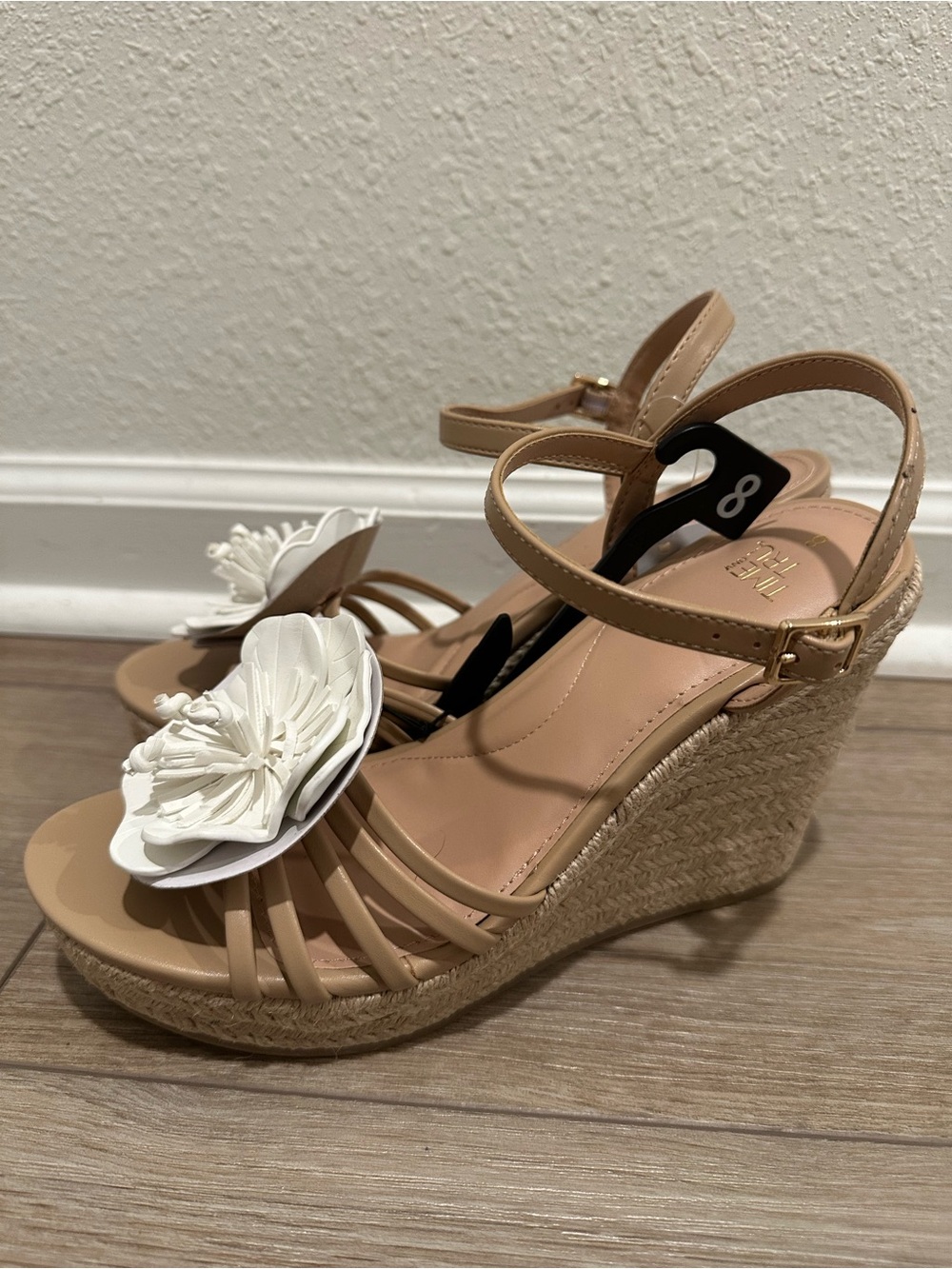 Time and Tru Nude Wedge Sandals with White Floral Accent